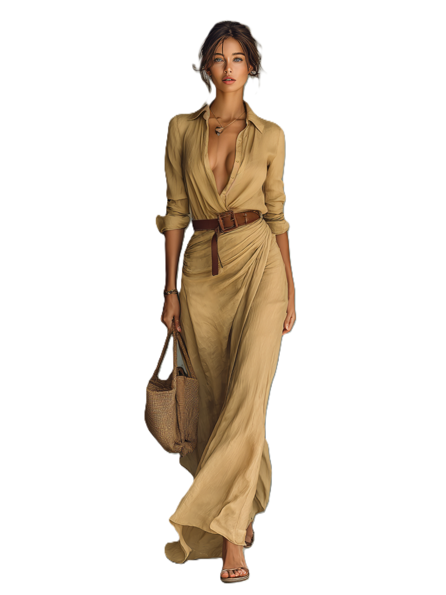 CASSIOPE | Robe Longue avec Col Revers et Ceinture Incluse